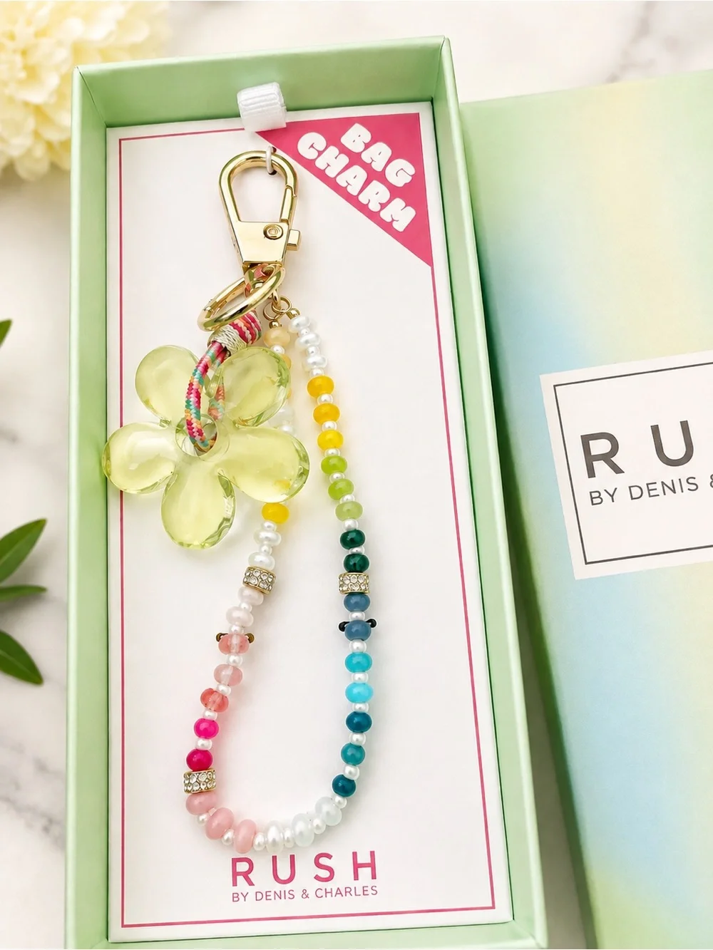 RUSH Multicolor Beaded Bag Charm with Lime Flower